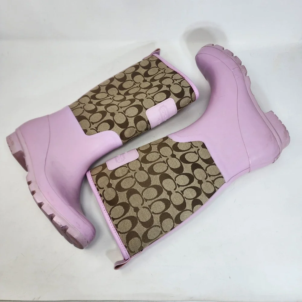 Coach Pink Rain Boots 8B tan Signature Monogram Canvas